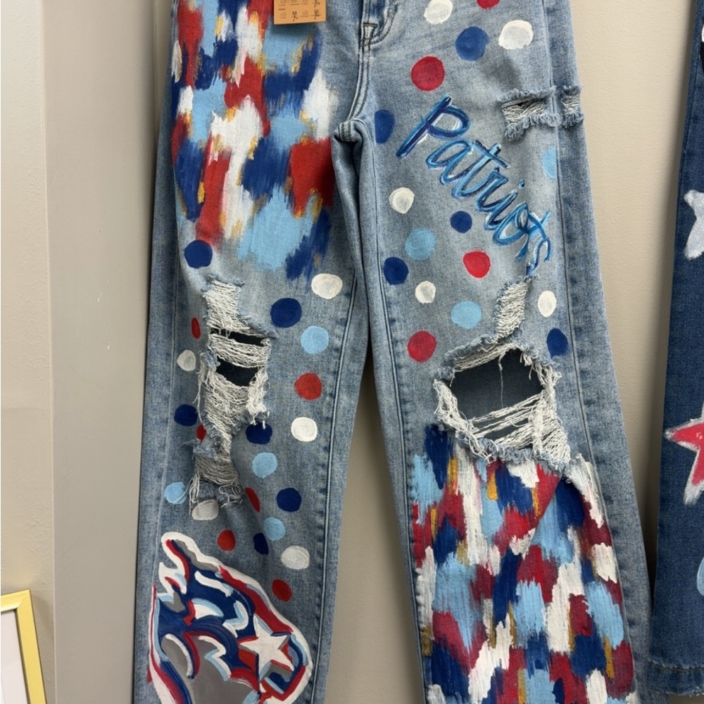 Altar'd State Painted Distressed Patriots Blue Red White Boyfriend Jeans